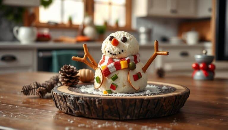 Snowman Cheese Ball with Pretzel Stick Arms