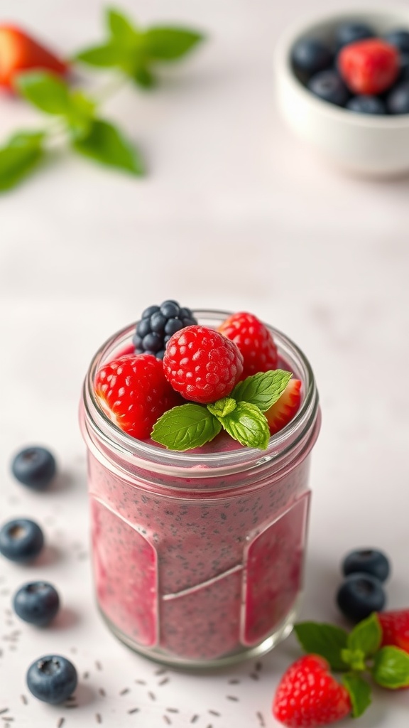 A jar of berry chia seed pudding topped with fresh berries and mint