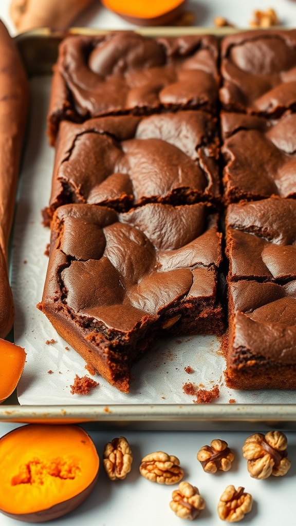 Delicious sweet potato brownies on a baking tray