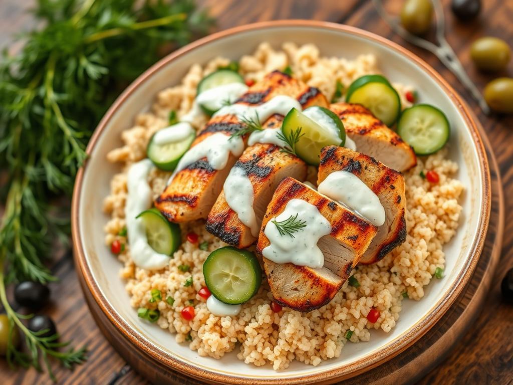 Greek-inspired couscous with grilled chicken and tzatziki