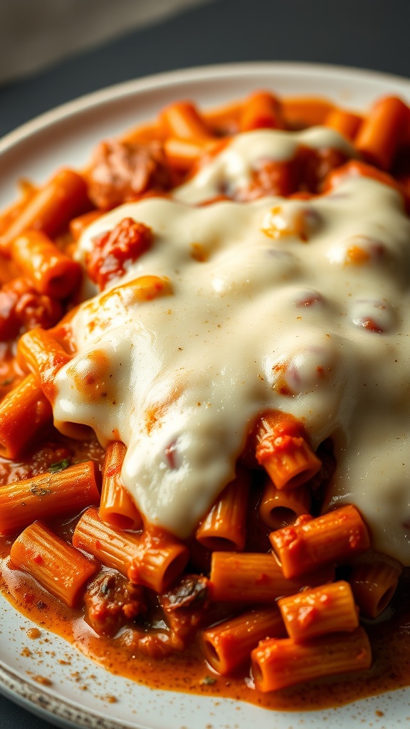 A plate of baked ziti topped with melted mozzarella cheese.