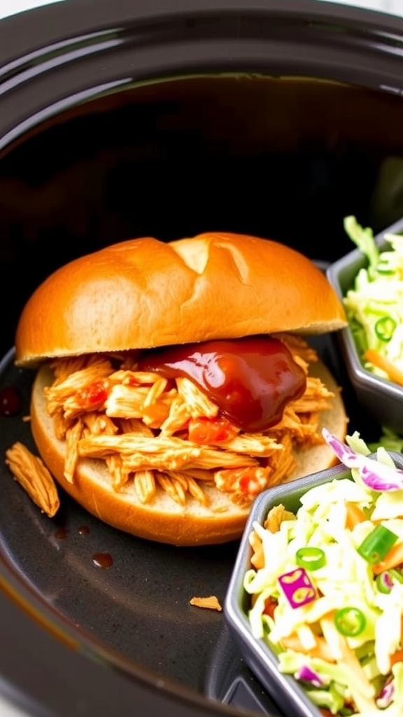 Delicious BBQ pulled chicken sandwich with coleslaw