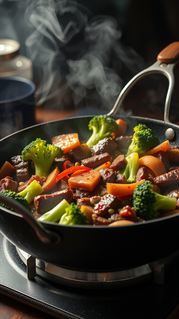 A dish of beef and broccoli stir-fry in a skillet with colorful vegetables.