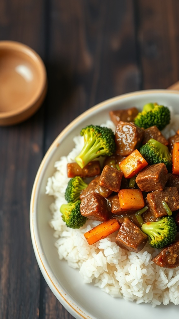 A delicious plate of beef and broccoli stir-fry served over white rice.