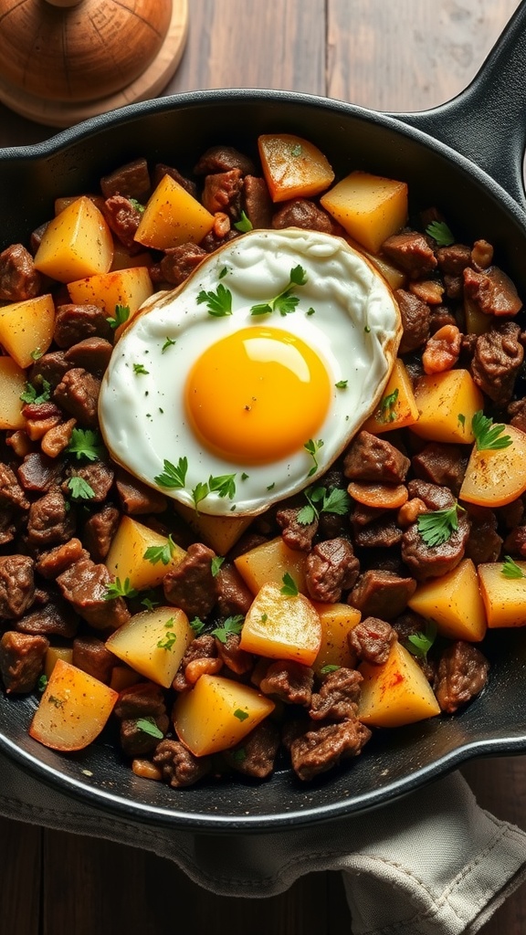 A delicious beef and potato hash skillet with a fried egg on top, garnished with parsley.