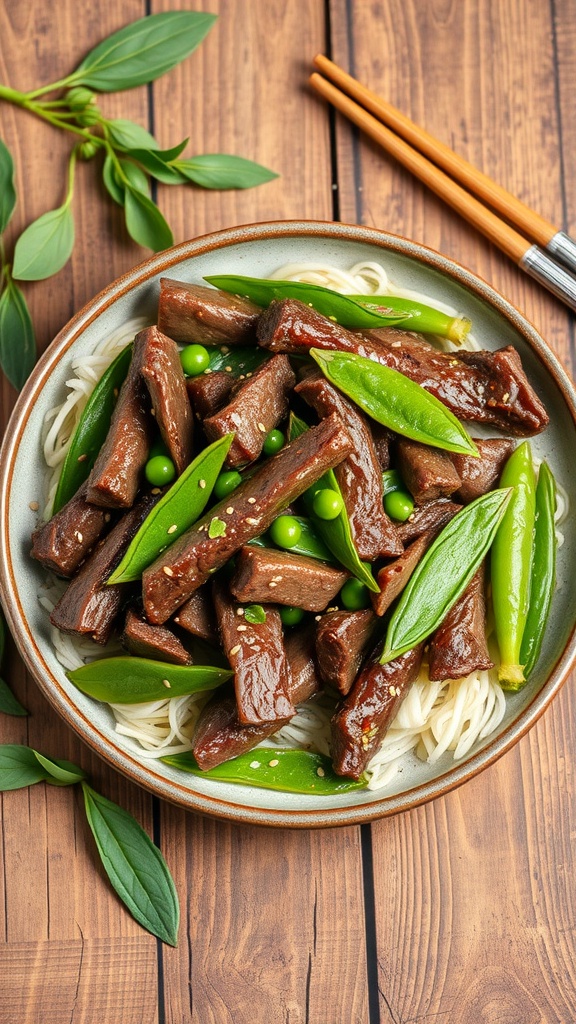 A delicious bowl of beef and snow peas stir-fry served with noodles.