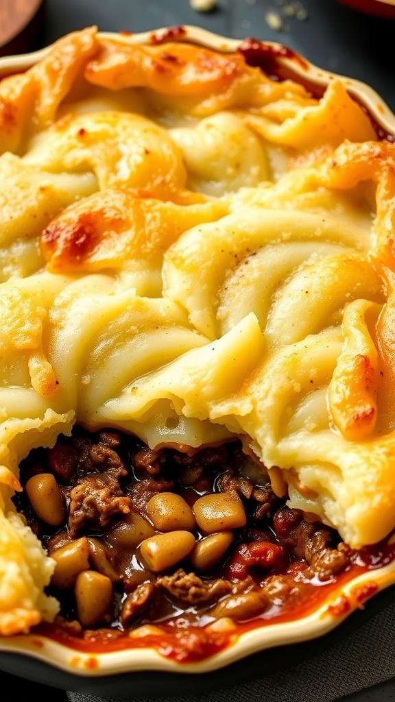 Delicious Beefy Shepherd's Pie served in a red dish.