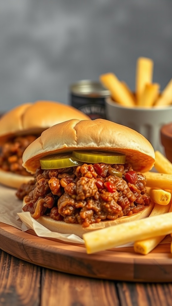 Beefy Sloppy Joes on brioche buns with pickles