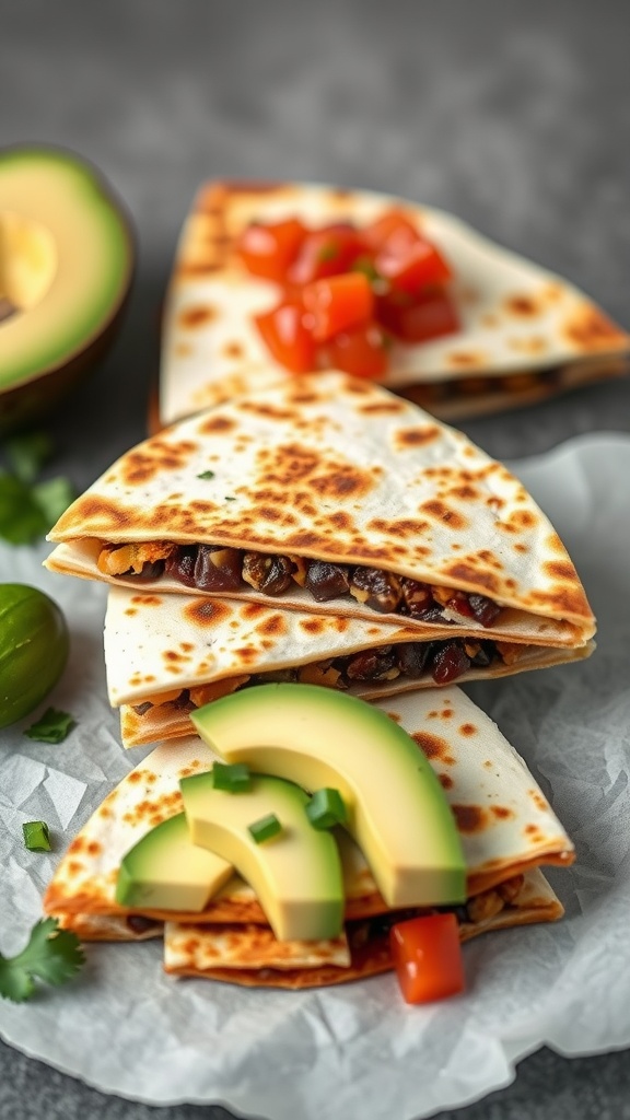 Delicious black bean quesadillas served with avocado slices