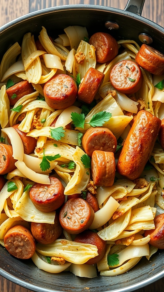 A delicious skillet meal featuring cabbage, potatoes, and sausage.