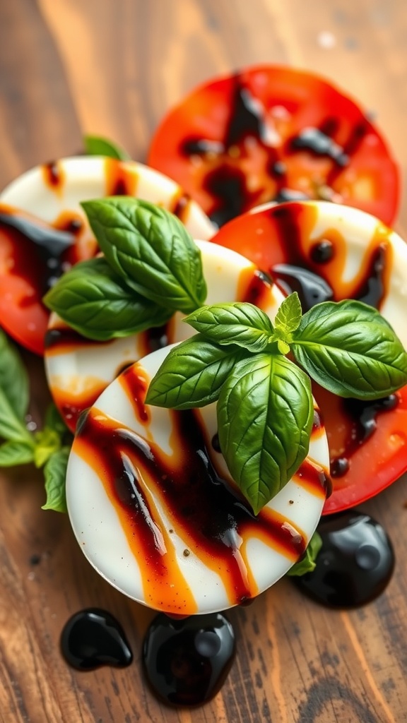 A Caprese salad with fresh mozzarella, tomatoes, basil, and balsamic glaze.