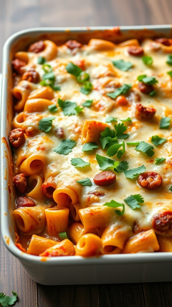 A delicious Cheesy Taco Pasta Bake topped with fresh cilantro.