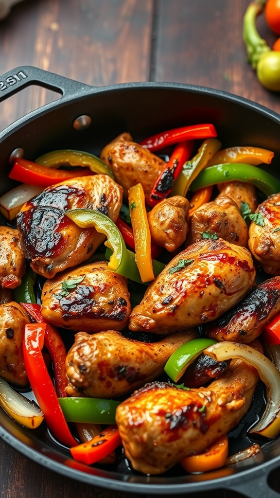 A colorful and delicious chicken fajitas dish with peppers and onions in a skillet.