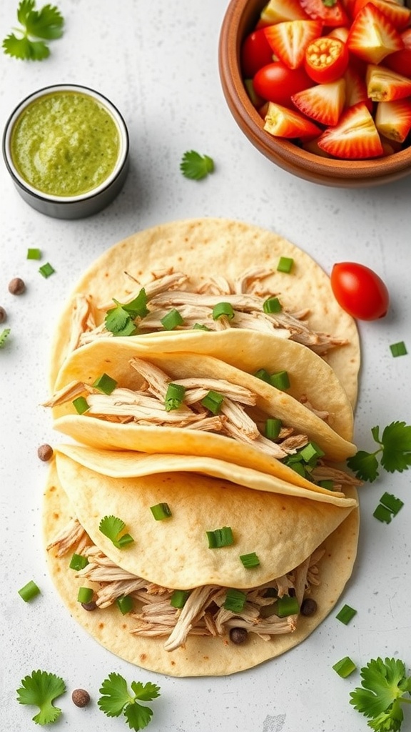 Three chicken tacos topped with cilantro and green onions, served with salsa verde and fresh tomatoes.