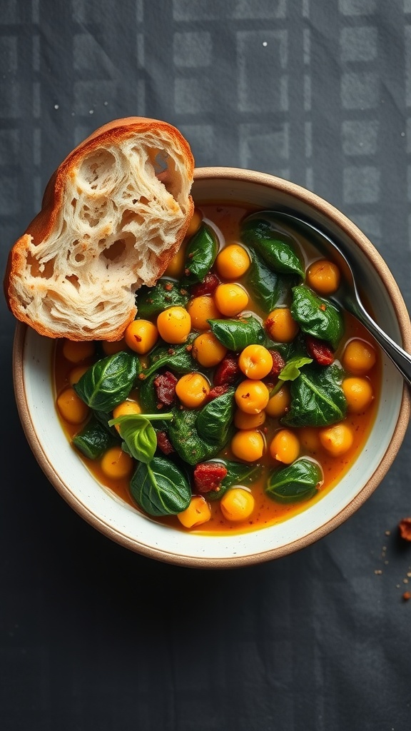 A bowl of chickpea and spinach stew with a piece of bread on the side.