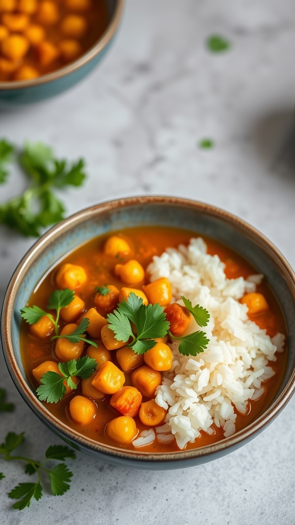 A bowl of chickpea curry with coconut milk served with rice and garnished with cilantro.