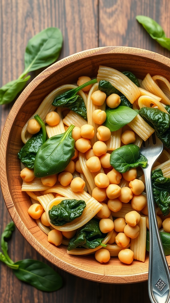 A bowl of chickpea pasta with spinach, served with a fork