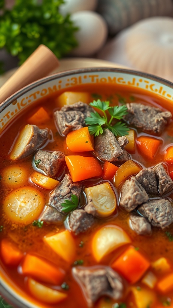 A bowl of classic beef and vegetable soup filled with chunks of beef, carrots, potatoes, and bell peppers