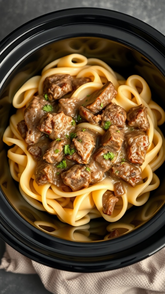 A bowl of classic beef stroganoff with egg noodles and parsley garnish