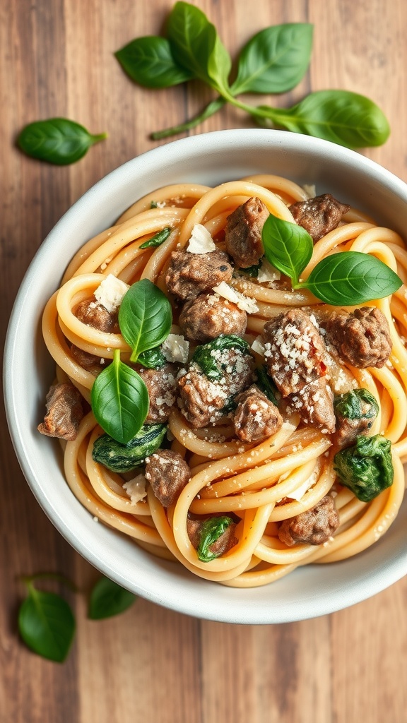 Bowl of creamy beef and spinach pasta garnished with fresh basil