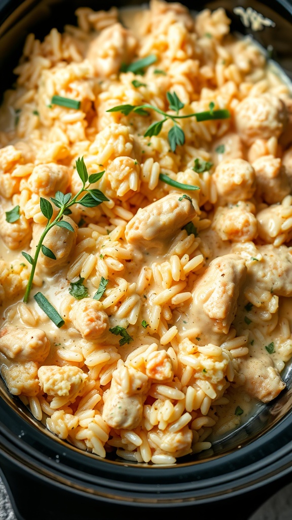 Creamy chicken and rice casserole in a slow cooker