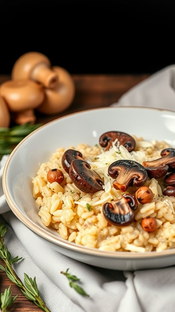 A bowl of creamy mushroom risotto garnished with parsley and mushrooms.