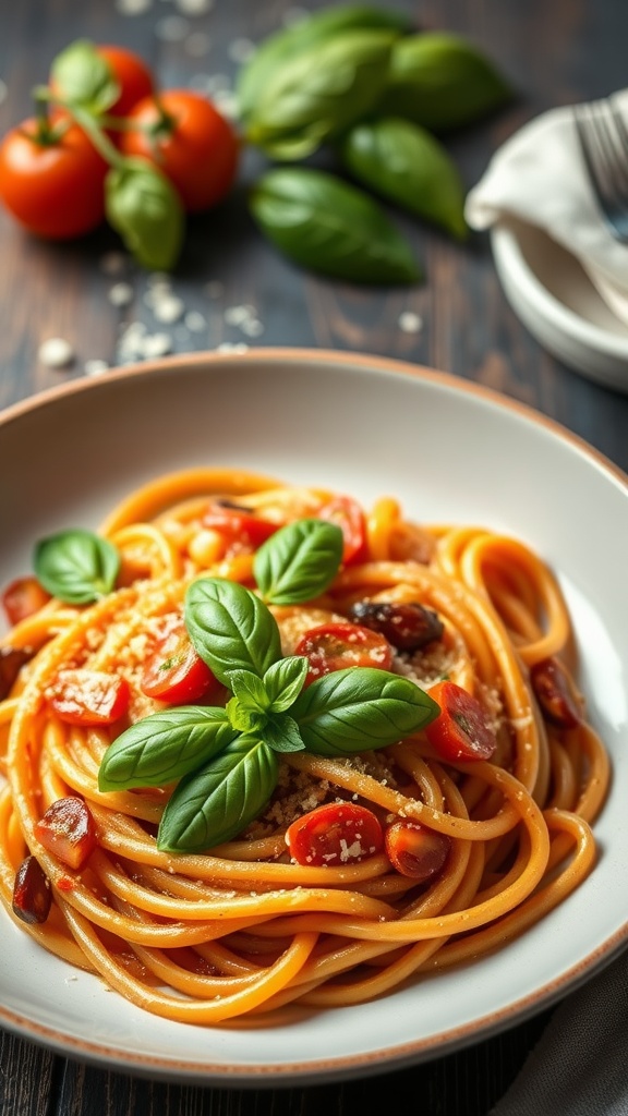 A bowl of creamy tomato basil pasta garnished with basil leaves and cherry tomatoes.