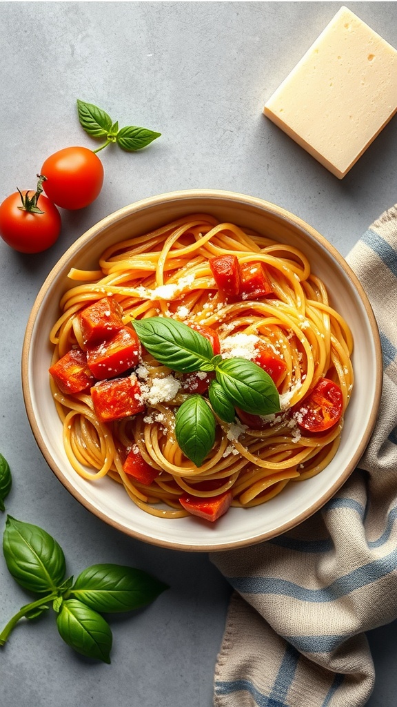 Creamy tomato basil pasta with cherry tomatoes and fresh basil.