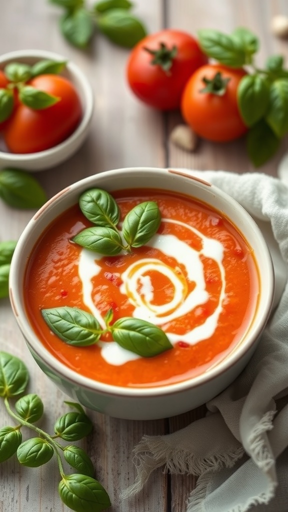 A bowl of creamy tomato basil soup garnished with fresh basil leaves.