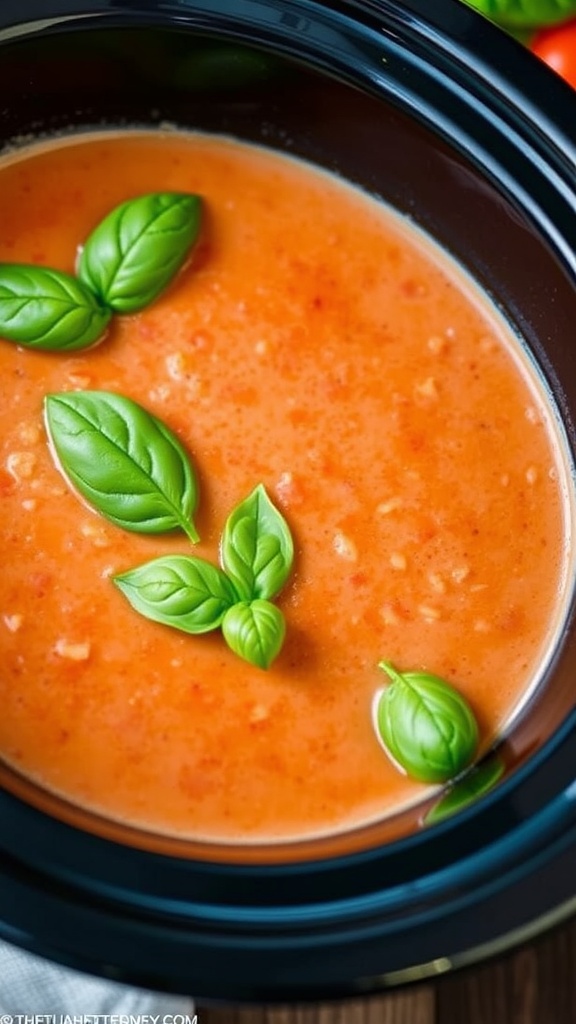 Creamy tomato basil soup in a slow cooker