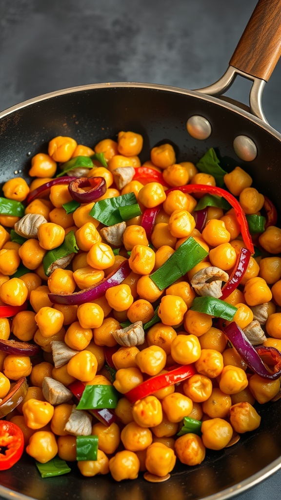 A colorful stir-fry featuring crispy chickpeas, red and green bell peppers, and onions in a skillet.