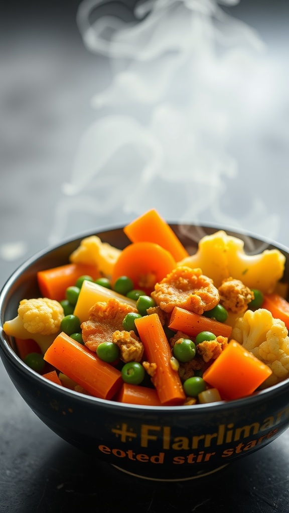 A bowl of curried vegetable stir-fry with vibrant colors and steam rising.