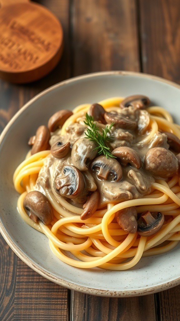 A delicious plate of beef stroganoff with noodles topped with mushrooms, garnished with parsley.