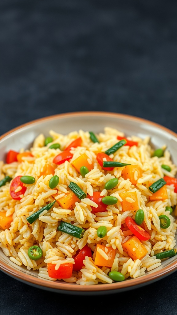 A bowl of colorful egg fried rice with vegetables, featuring peas, carrots, and bell peppers.