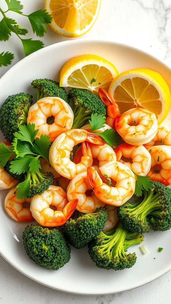 A plate of garlic butter shrimp and broccoli garnished with lemon slices and parsley.