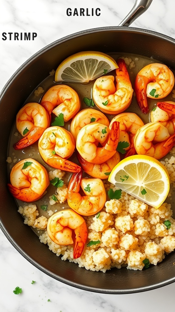 A delicious plate of garlic shrimp served with fluffy couscous and garnished with lemon and herbs.