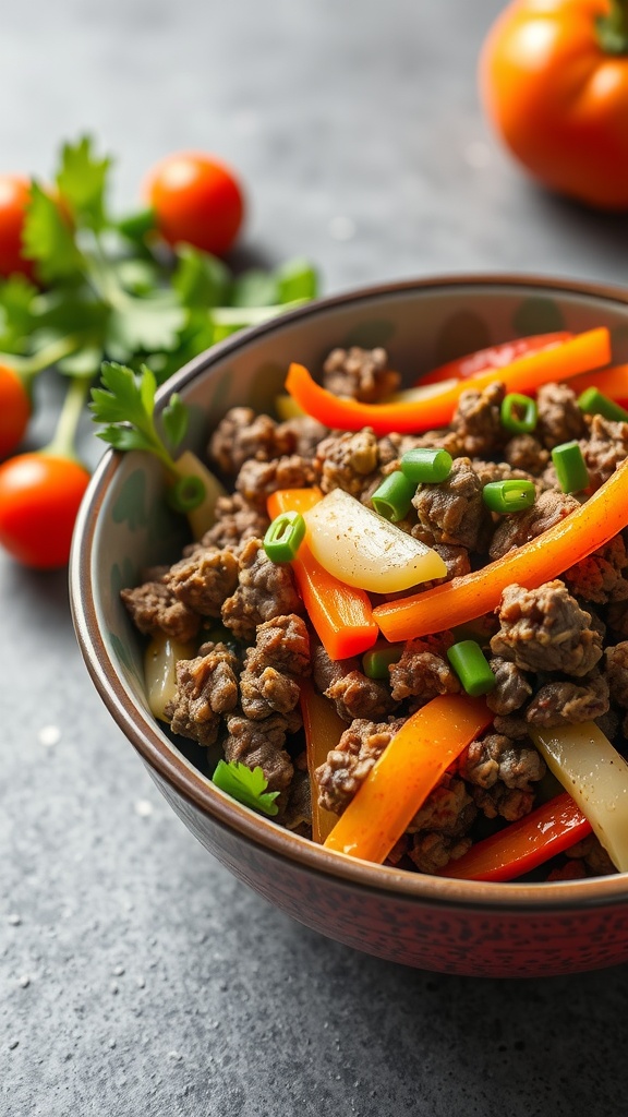 A bowl of ground beef stir-fry with colorful vegetables.