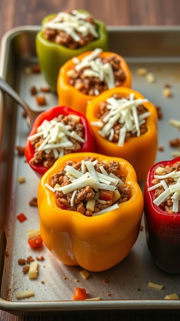 Ground beef stuffed bell peppers arranged on a baking sheet