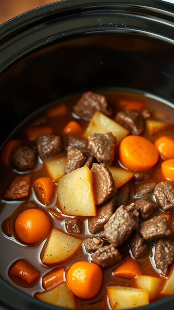 A bowl of hearty beef stew with vegetables, featuring tender beef chunks, carrots, potatoes, and a rich broth.