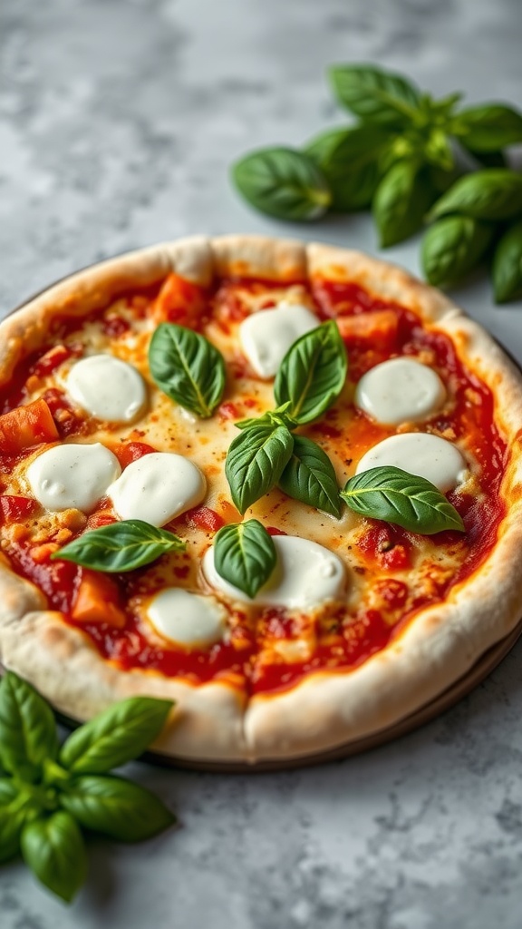 Homemade Margherita pizza with fresh basil leaves on top