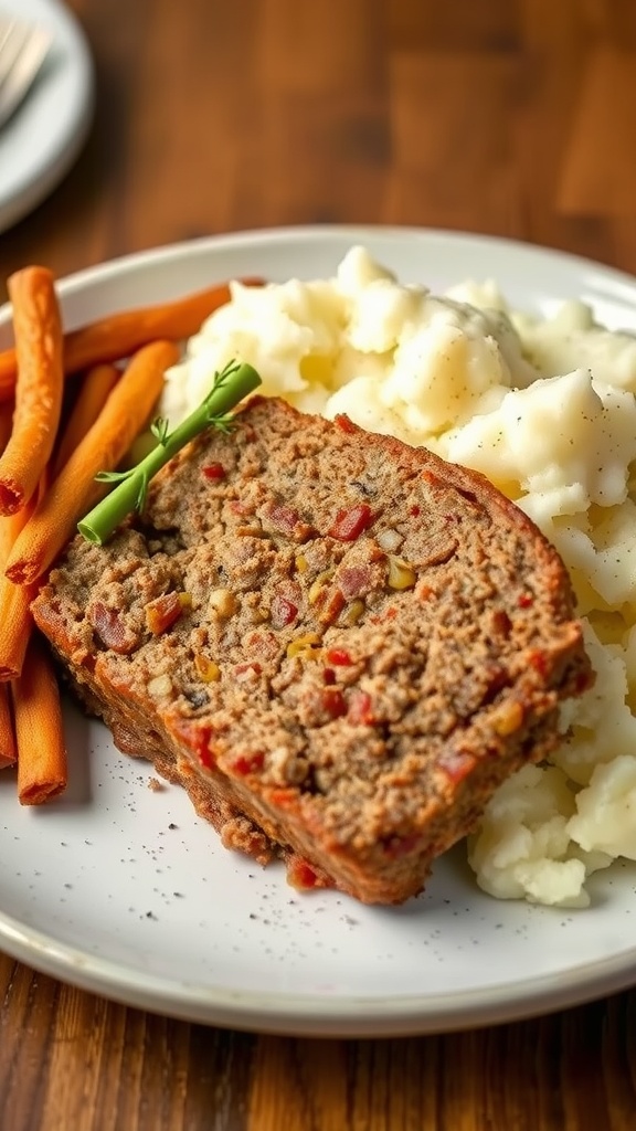 A plate featuring slices of meatloaf, creamy mashed potatoes, and carrot sticks.