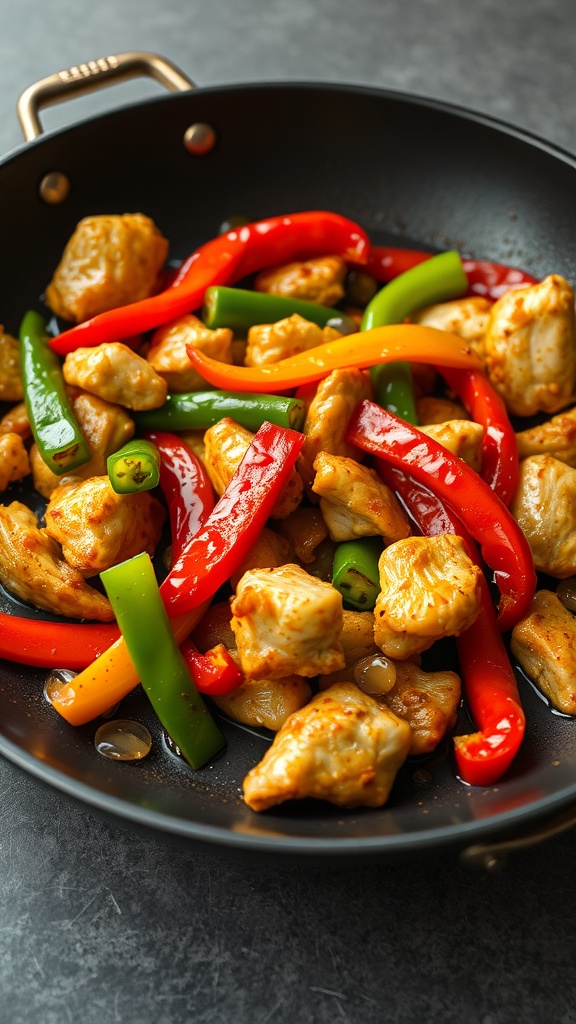 A colorful dish of honey garlic chicken stir-fry with bell peppers