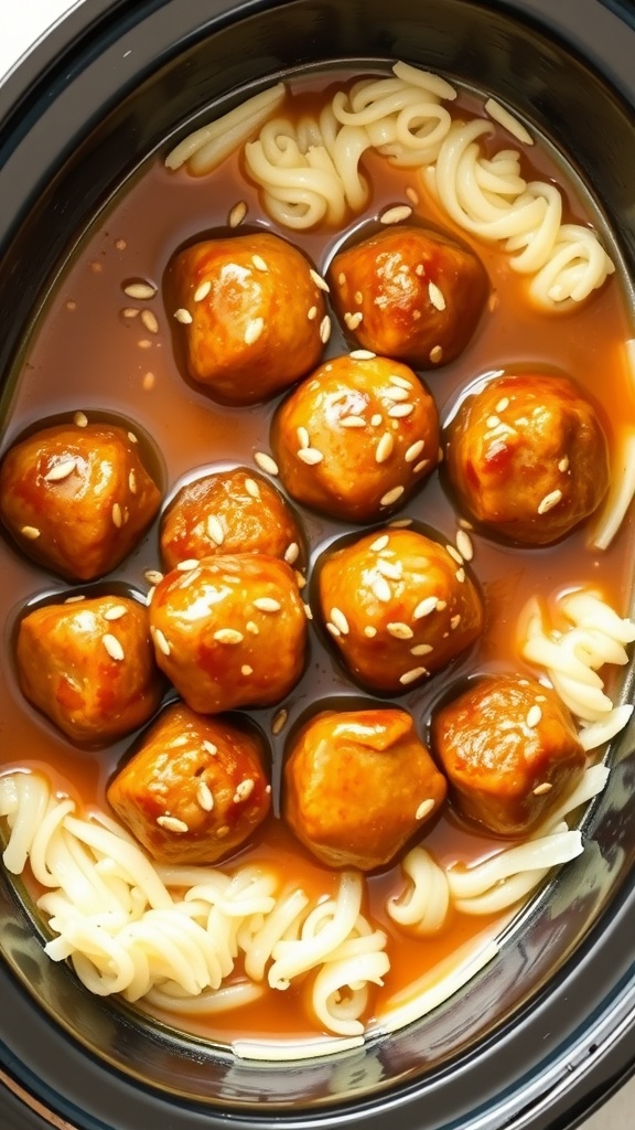 Delicious honey garlic meatballs in a slow cooker with noodles.