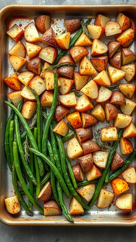 A tray of roasted potatoes and green beans seasoned with herbs.