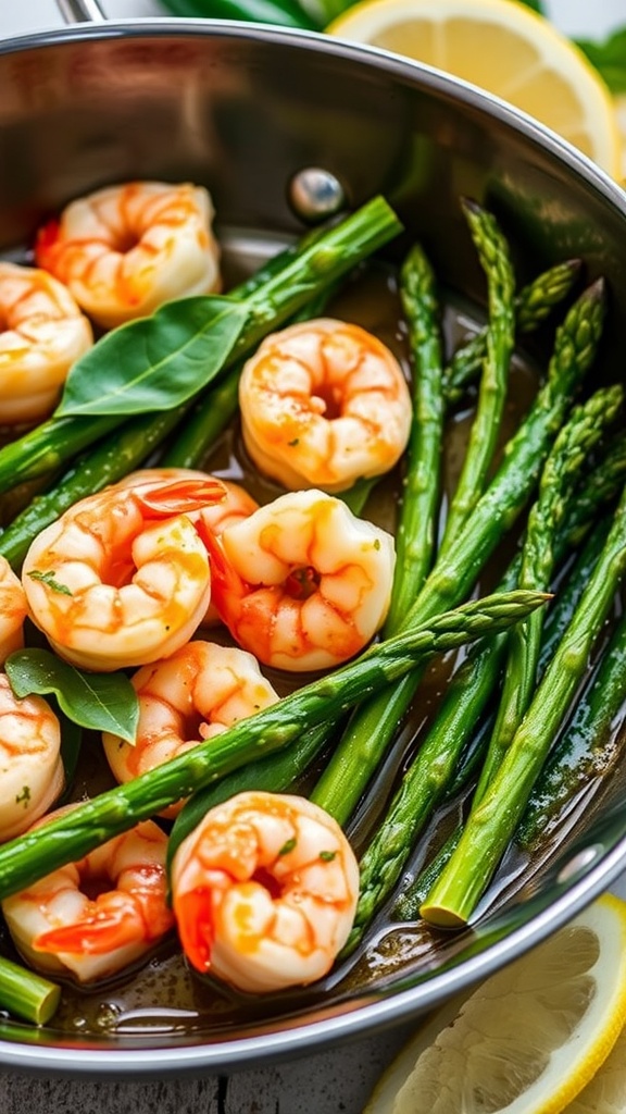 A vibrant dish of shrimp and asparagus seasoned with lemon and basil