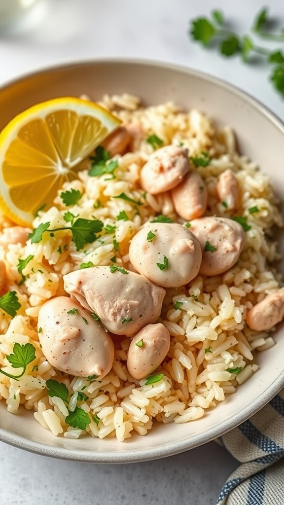 A plate of lemon herb chicken and rice garnished with parsley and lemon slices.