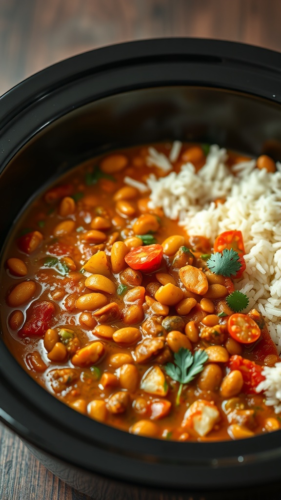 A delicious bowl of lentil and vegetable curry with rice.