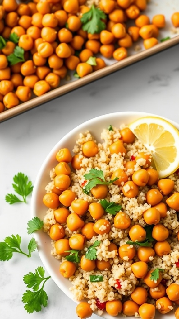 A colorful dish of Mediterranean Chickpea and Quinoa Bake topped with fresh parsley and lemon slices.