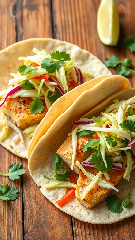 Mediterranean Fish Tacos with Cabbage Slaw