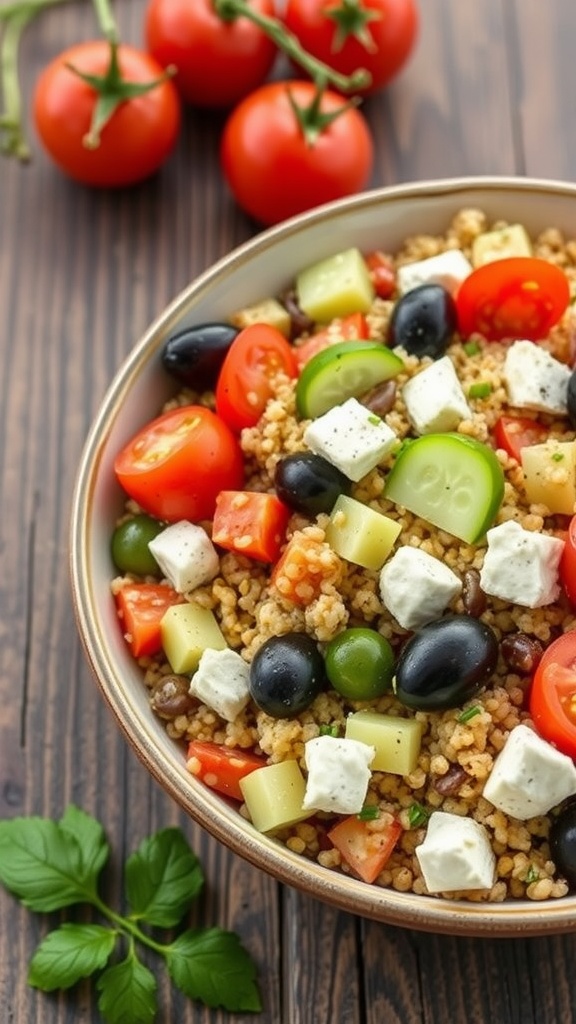 A colorful bowl of Mediterranean quinoa salad with vegetables and feta cheese.